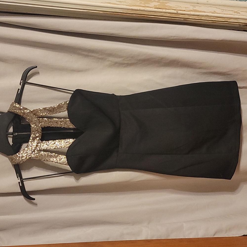 Black Tobi Halter Dress with Gold Sequin Neck